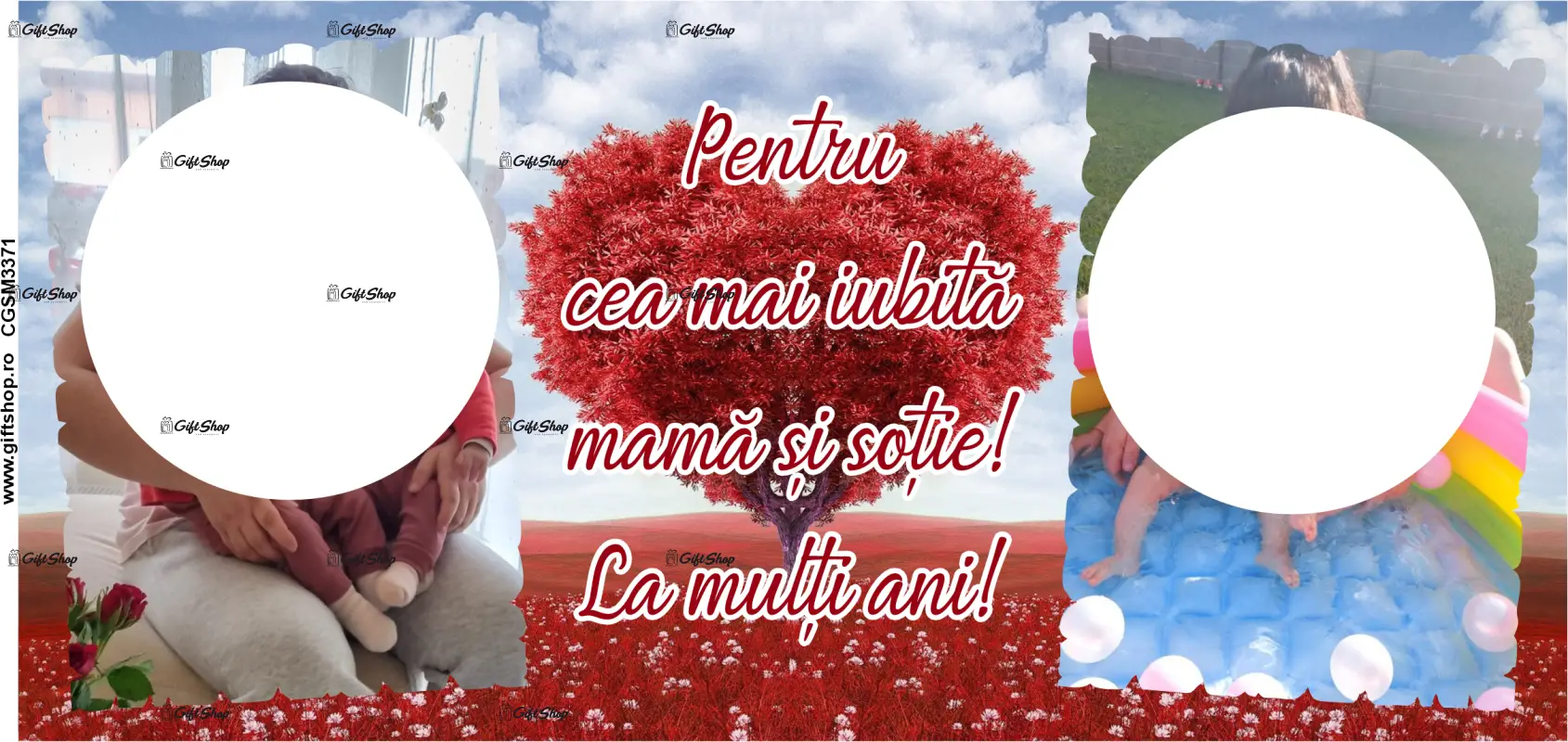 Pentru cea mai iubita mama si sotie, cana din ceramica, 330ml, personalizata cu 2 poze si text model 3371